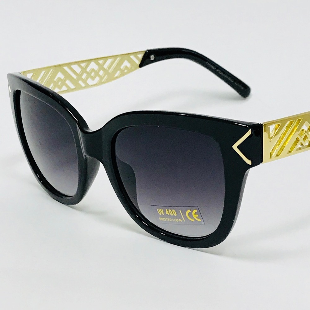 Sunglasses Square Frame Black Lens Gold Tample Retro Classic Gafas Lentes Classy
